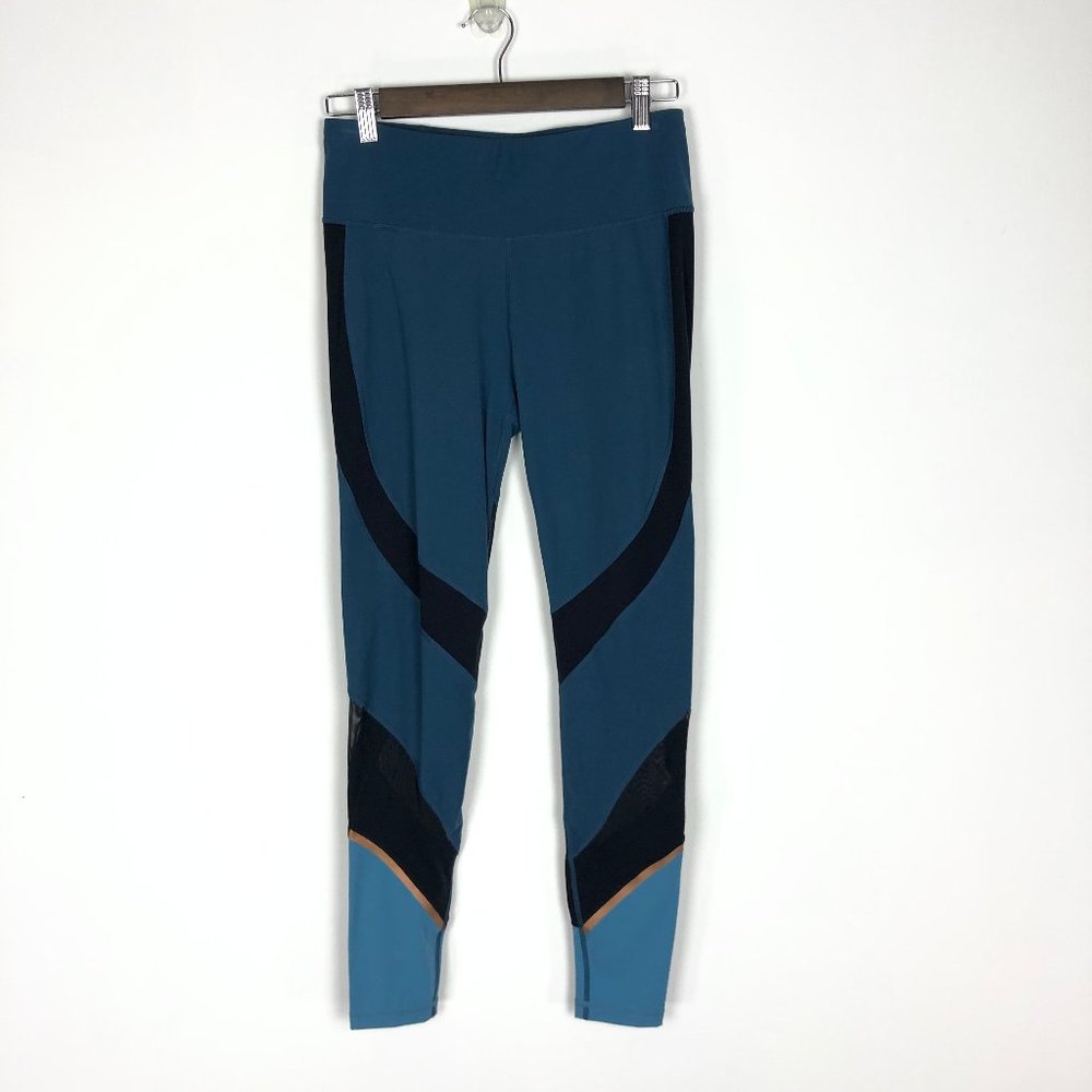 SWEATY BETTY The Power Leggings Teal Mesh Inserts Full Length Size S Zip Pocket